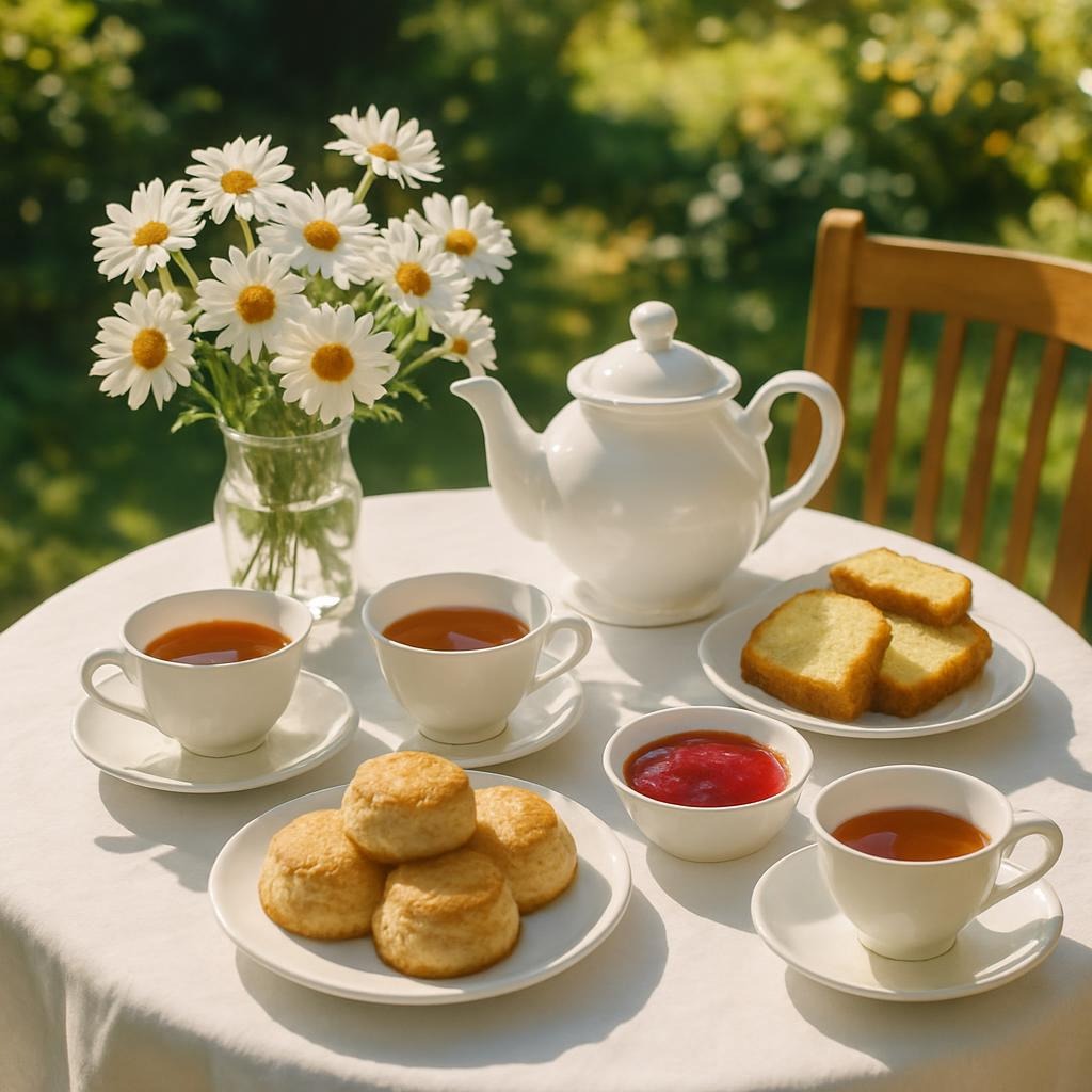 A table set for tea time with cake and tea biscuits.