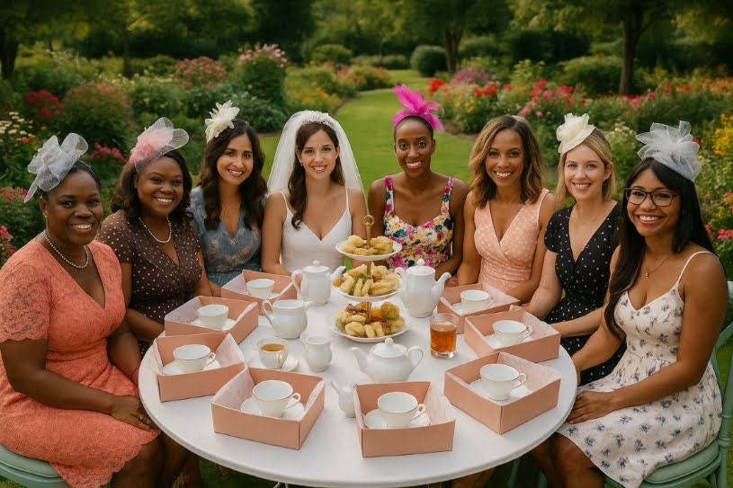 A group of women sitting at a tea party with Attainabilitea.com Tea Boxes