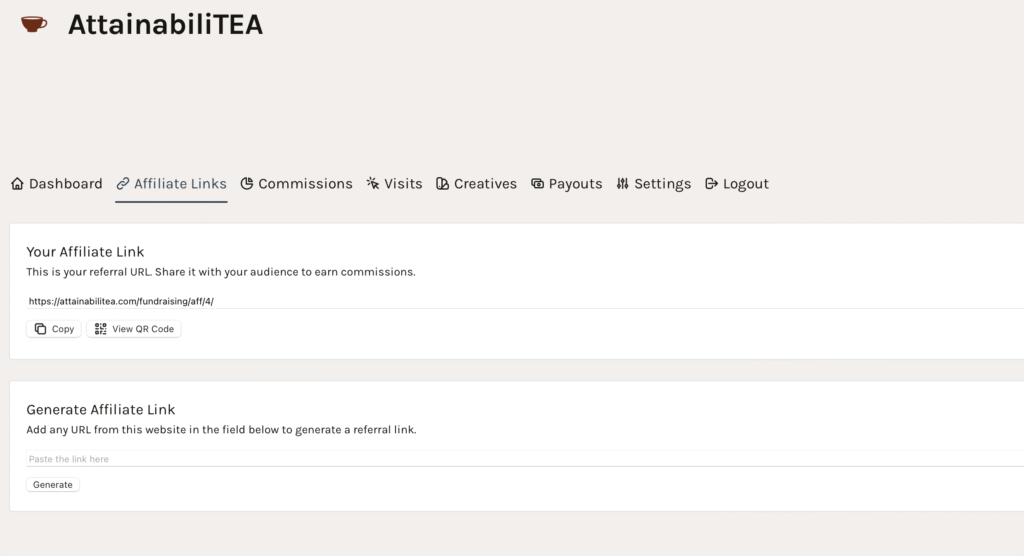Affiliate account screenshot